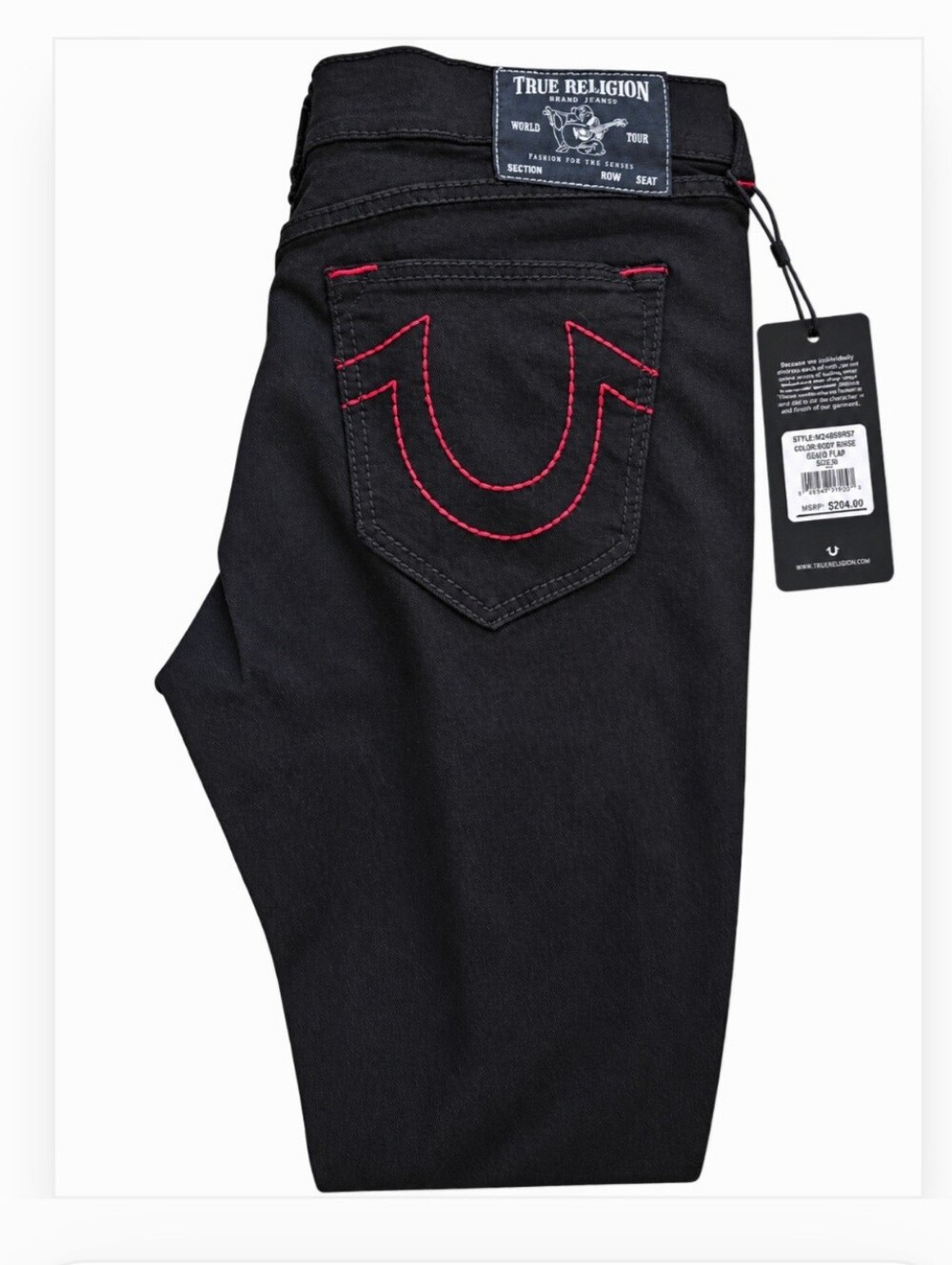 True Religion Men’s Black Geno Big T NF Slim Jeans W36 L 30 Red Stitching NEW
